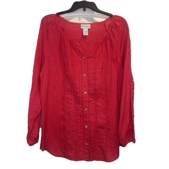Soft Surroundings Pink Linen Roll Tab Sleeve Button Down Pleated Blouse Sz M - Picture 1 of 11